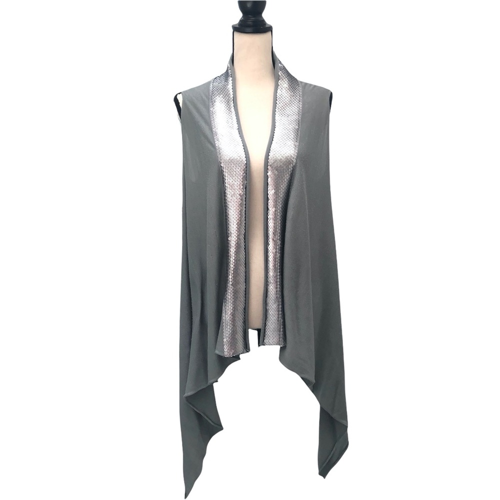 DREAM SOCIETY GRAY SILK OPEN VEST W SEQUINS TRIM BORDER